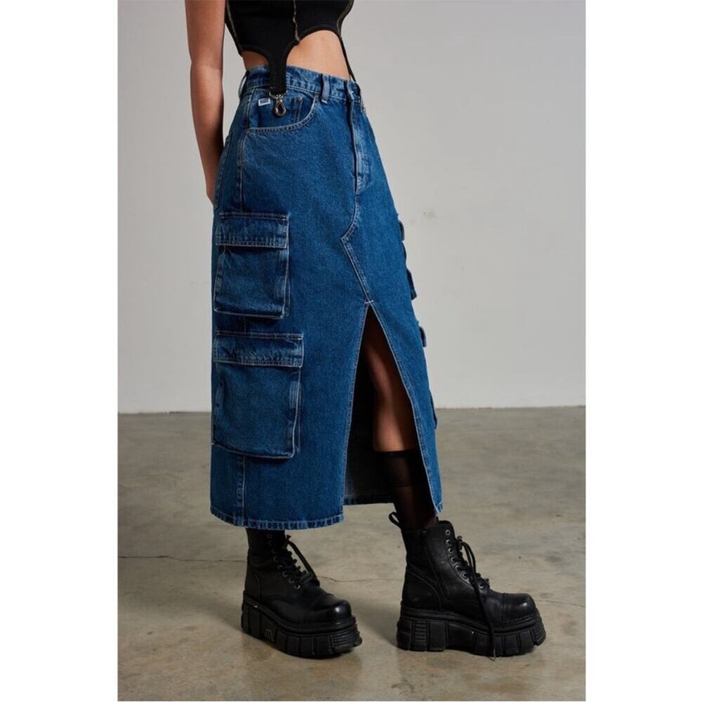 The Ragged Priest Soda Combat Denim Midi Skirt Sz 34 cargo pockets